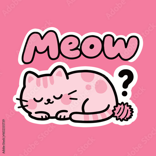 A cute and cozy cartoon sticker of a pink cat sleeping soundly next to the word 'Meow' and a question mark, capturing a peaceful and curious feline moment.