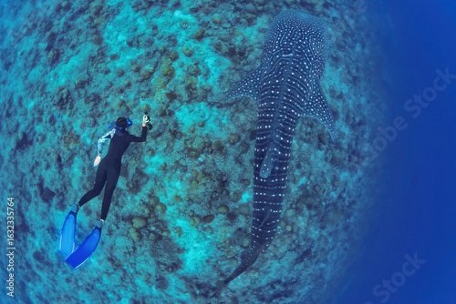 Bild auf Leinwand Whale shark (Rhincodon typus) and free diver over the shallow reefs of South Ari