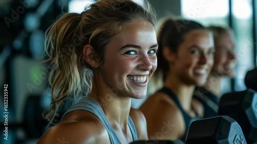 Young woman is working out with weights at gym. She is smiling, she looks like she is really enjoying her workout. She has other women exercising around her.
