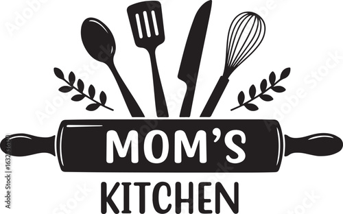 Black kitchen utensils and rolling pin with mom's kitchen text spoon spatula