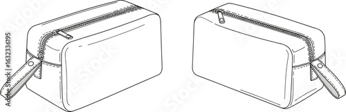 CAD drawing of toiletry bags, flat vector illustration, zipper closure, handle strap, travel pouch, cosmetic bag, minimalist design