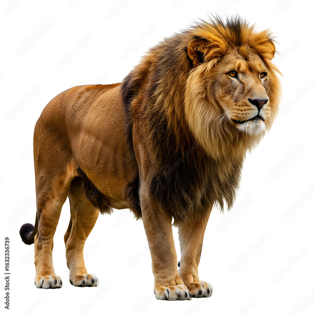 Obraz premium Standing male lion posing with majestic mane on a Transparent Background