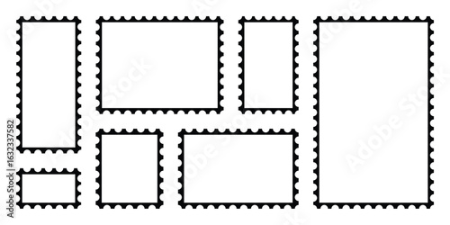 Postage stamp borders set. Zigzag edge and scallop edge. Set of blank postage stamps with empty paper design. Vintage mockup postage vector for poster, banner, badge, sticker.