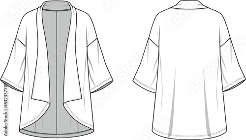 Loose kimono-style jacket vector, wide sleeve cardigan with draped front, minimalist flat fashion CAD sketch, front and back views