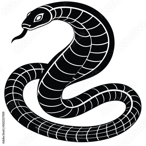 Stylized black cobra snake with detailed scales and hood reptile animal