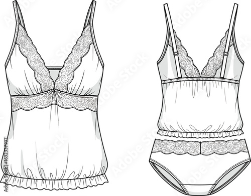 Lace-trim camisole and panty set vector, pink lingerie design with adjustable straps, scalloped edges, fashion CAD sketch, front and back view
