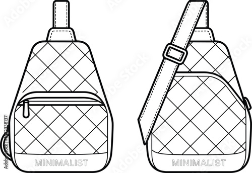 Minimalist quilted sling backpack, front and back view, adjustable strap, zipper pocket, fashion CAD drawing, flat vector illustration
