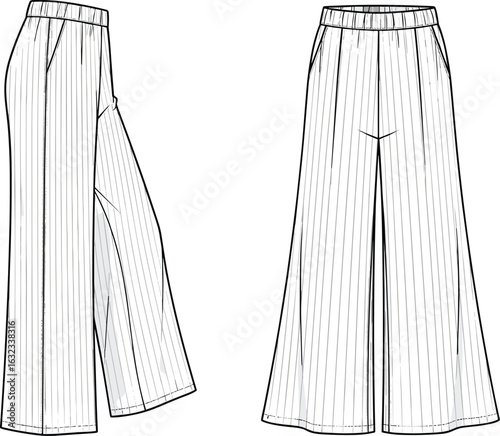 Wide-leg pants CAD sketch, fashion technical illustration with vertical stripes, elastic waistband, side pockets, front and side views vector