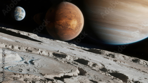 Planetary Landscape with Earth, Mars, and Jupiter in the Background