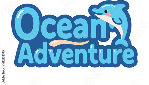 A vibrant 'Ocean Adventure' logo featuring a happy cartoon dolphin, perfect for promoting travel, aquatic activities, and marine-themed entertainment.