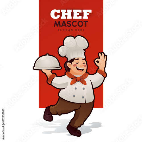 Cheerful cartoon chef mascot character running with a food tray in one hand and showing the OK gesture with the other. Ideal for culinary logos, restaurant branding, cooking related content.