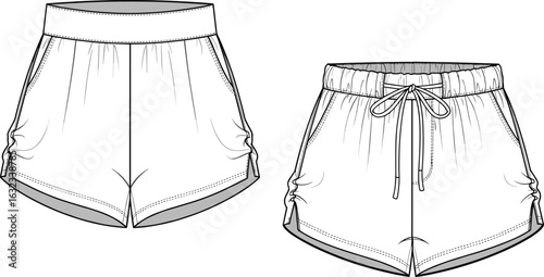 Shorts CAD sketch front and back, casual fashion technical drawing with curved hem, drawstring waistband, vector flat apparel illustration