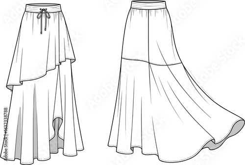 Asymmetrical and flared skirt CAD illustration, technical fashion drawing with waistband, drawstring detail, lightweight apparel flat vector sketch