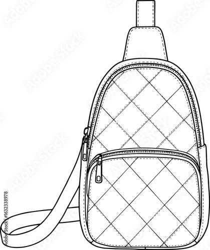 Stylish quilted sling bag, fashion accessory vector, detailed CAD drawing, flat illustration, creative design, zipper pocket, shoulder strap, Adobe Stock