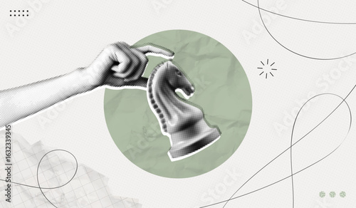 Trendy Halftone Collage Hand holding chess piece. Abstract chessman. Game strategy. Strategic leader. Knight horse chess figure. Paper texture. Contemporary vector illustration art
