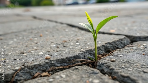 Fototapeta Naklejka Na Ścianę i Meble -  Green Plant Sprout Growing Through Cracked Pavement