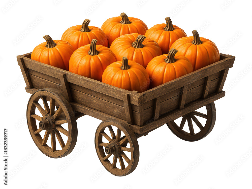 Fototapeta premium Wooden cart filled with nine bright orange pumpkins on transparent background.