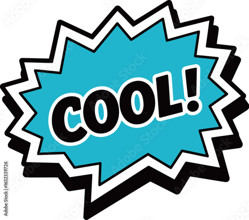 A retro comic book style speech bubble with a spiky edge and bold text "COOL!", presented in a striking blue and black color scheme.