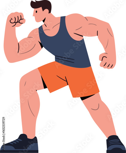 A dynamic illustration of a muscular and athletic man in a tank top and shorts, performing an action pose with strong and determined body language.