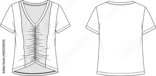 Girls’ ruched asymmetrical top CAD sketch, V-neckline with rolled sleeves and center ruching, front and back flat vector illustration