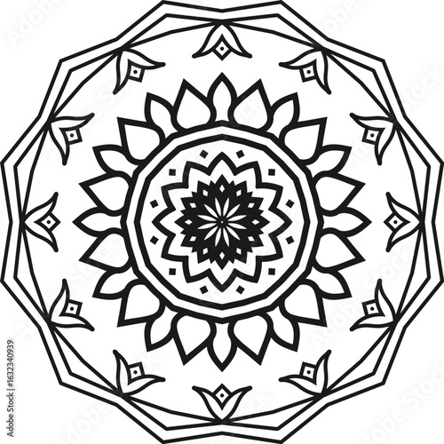 Detailed Mandala Design in Black and White for Coloring or Decorating Meditative Art
