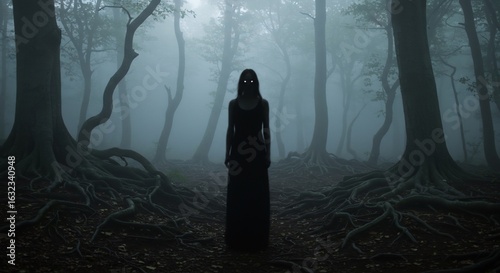 Foggy forest scene A dark ghostly figure with glowing eyes stands among trees with exposed roots