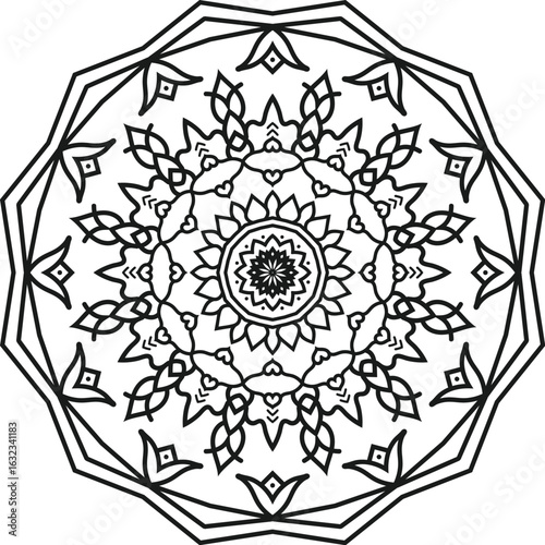 Elegant Mandala Design with Geometric Patterns Black and White Illustration for Relaxation and Creative Projects