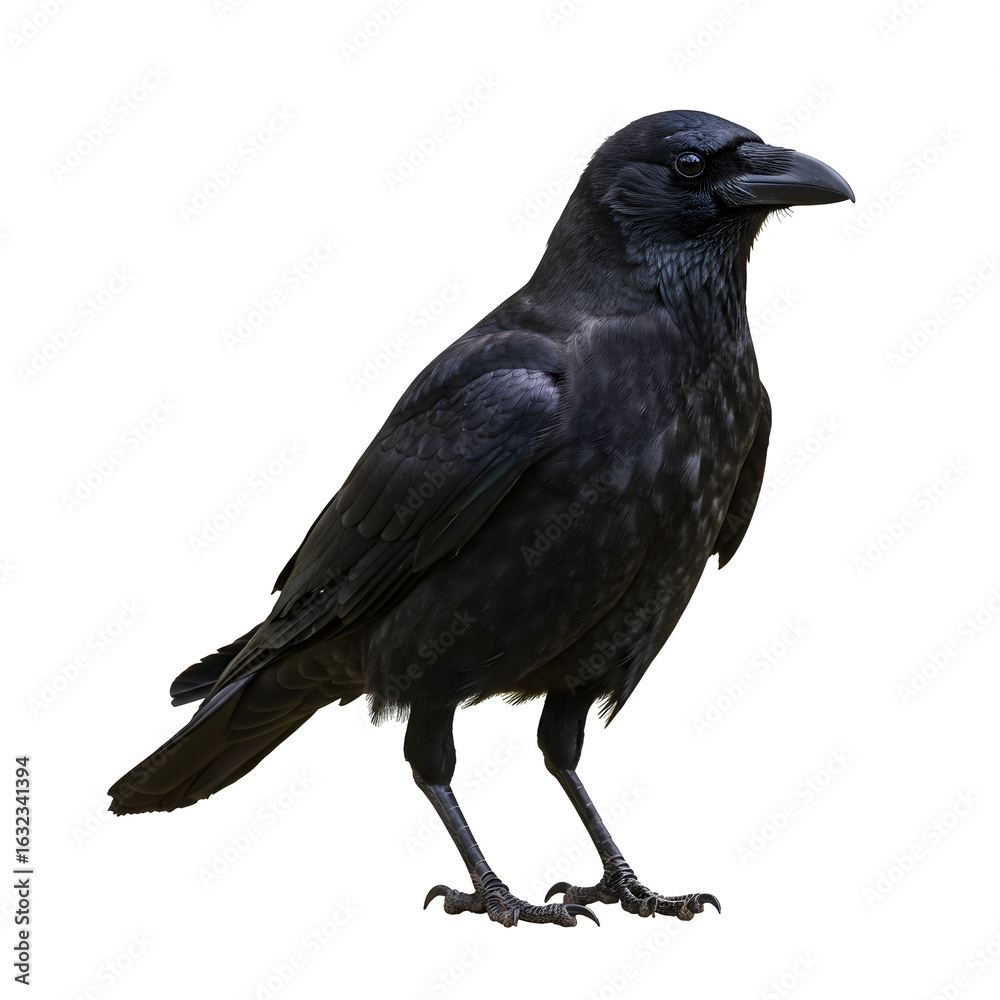 Fototapeta premium Raven Standing Alert with Glossy Feathers Against a Dark Backdrop
