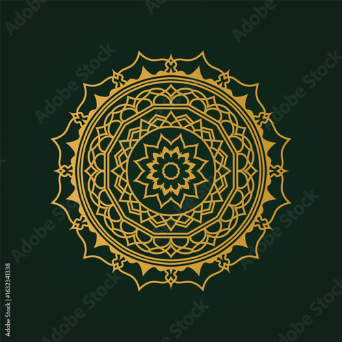 Golden Mandala Design on Dark Green Background Elegant Ornament Vector Illustration for Meditation and Creative Projects with Intricate Patterns