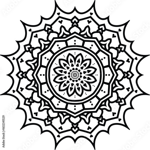 Intricate Black and White Mandala Illustration with Floral and Geometric Elements for Meditation and Spiritual Designs and Creative Projects