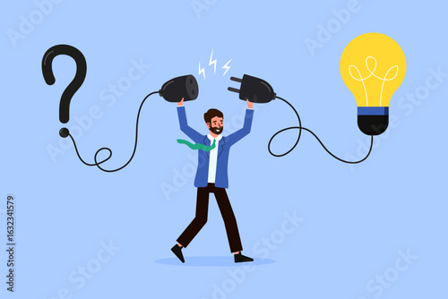 Businessman connects question mark to lightbulb solution. Solving tough challenges with innovation for business success.