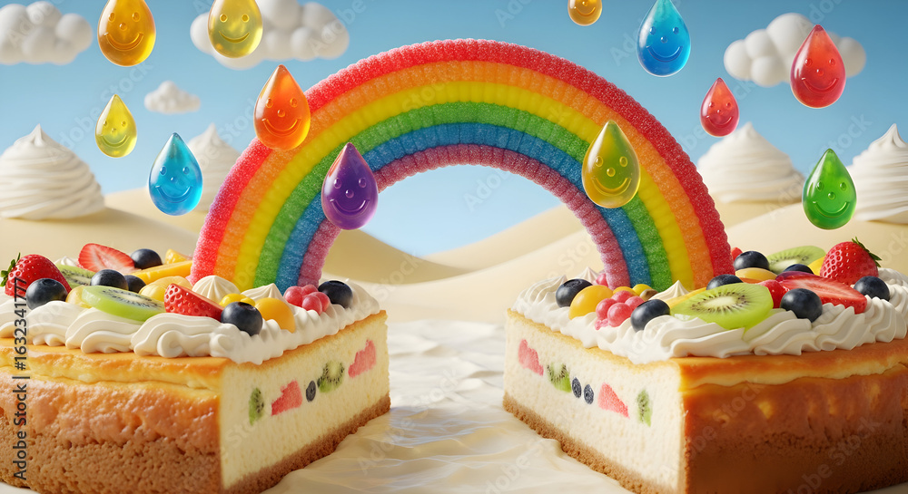 Fototapeta premium Rainbow Candy Arch Over Fruit Cheesecake Dessert