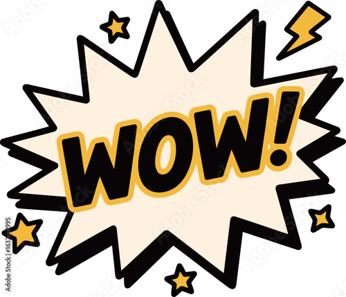 A dynamic comic book style explosion bubble with the bold text "WOW!", surrounded by lightning bolts and stars, conveying excitement and surprise.