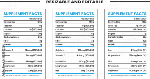 Nutrition Facts Labels for Food Supplements with Complete Nutritional Information and Daily Values Editable and Resizable