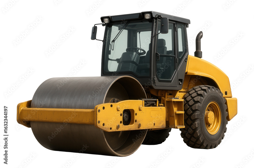 Fototapeta premium Yellow road roller with large metal drum and cabin, used for compacting asphalt or soil in construction projects, on transparent background.