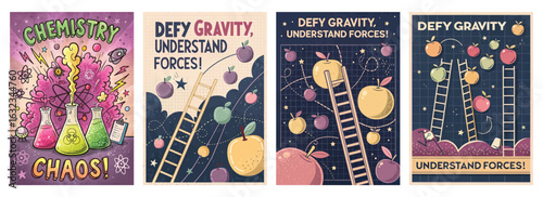 Set of four posters featuring chemistry and gravity with vibrant experiments and floating fruit