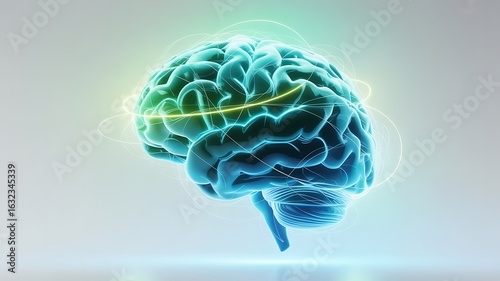 Glowing blue brain with a luminous neural network and data connections