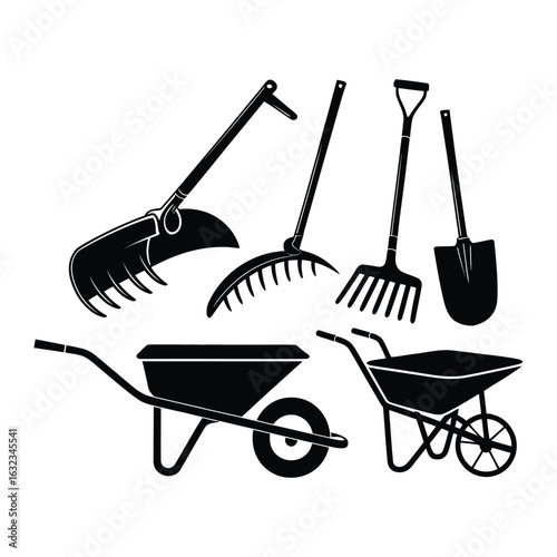 Collection of black silhouette garden tools and wheelbarrows