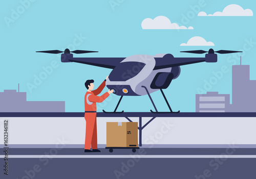 A technician adjusts a delivery drone with packages, set against a city backdrop. Modern, professional, and visually appealing for commercial use.