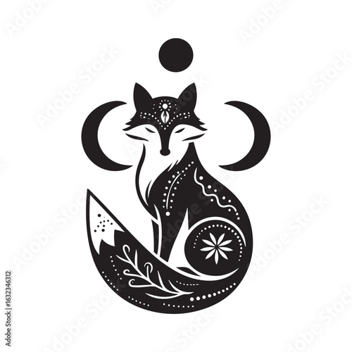 Boho Arctic Fox Silhouette with Tribal Feathers Crescent Moons and Decorative Dots for Cricut and Laser Cut Crafts