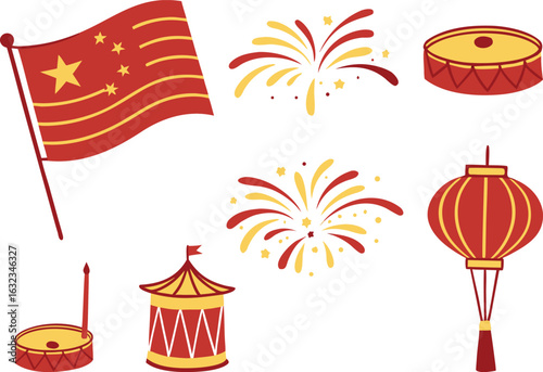 China National Day Design Set. Chinese National Day Illustration Collection. Patriotic China Celebration Art Pack. October First China Holiday Graphics. China Flag and Celebration Artwork