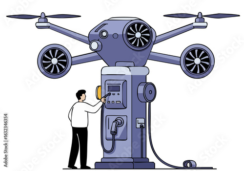 Two technicians troubleshoot a drone at a charging station. Modern illustration style, clean design, focused on technology and maintenance.