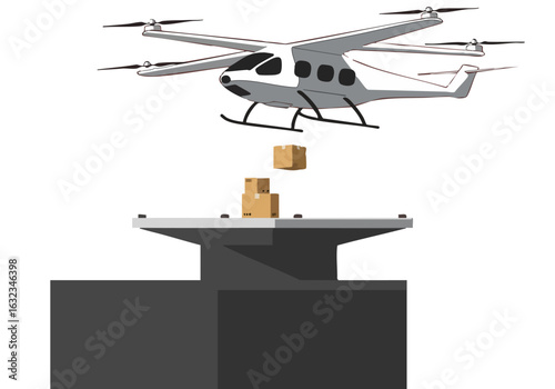 A white eVTOL drone delivers a package via drop, showcasing modern delivery technology. Clean, graphic style. Ideal for tech and logistics visuals.