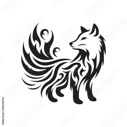 Tribal Tattoo Style Arctic Fox Silhouette with Flame Feather Details and Curved Lines for Cricut and Laser Cut Crafts