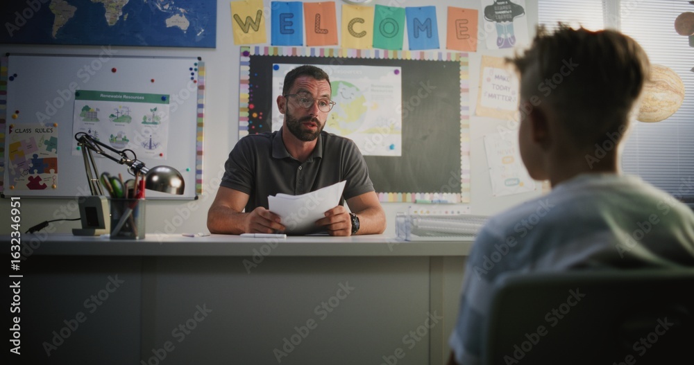 Obraz premium Male Teacher Presenting School Exam Results to Primary School Boy, Discussing Poor Performance, Low Grades and Behavior with Student. Extracurricular Meeting to Support Child's Learning. Dolly Shot.
