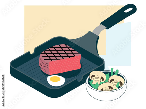 Raw steak with egg and mushrooms in a bowl on a grill pan uncooked meat