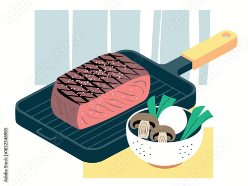 Grilled steak with mushrooms and egg on a grill pan meat beef