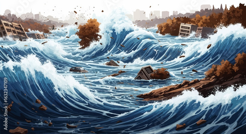 Massive Tsunami Devastates Urban Landscape in Powerful Wave Surge