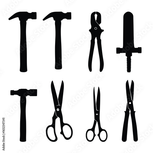 Collection of graphic hand tool silhouettes. Isolated icons of hammers, shears, and nippers for construction or crafting concepts.
