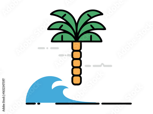 Palm tree with green fronds and ocean wave on white background tropical island
